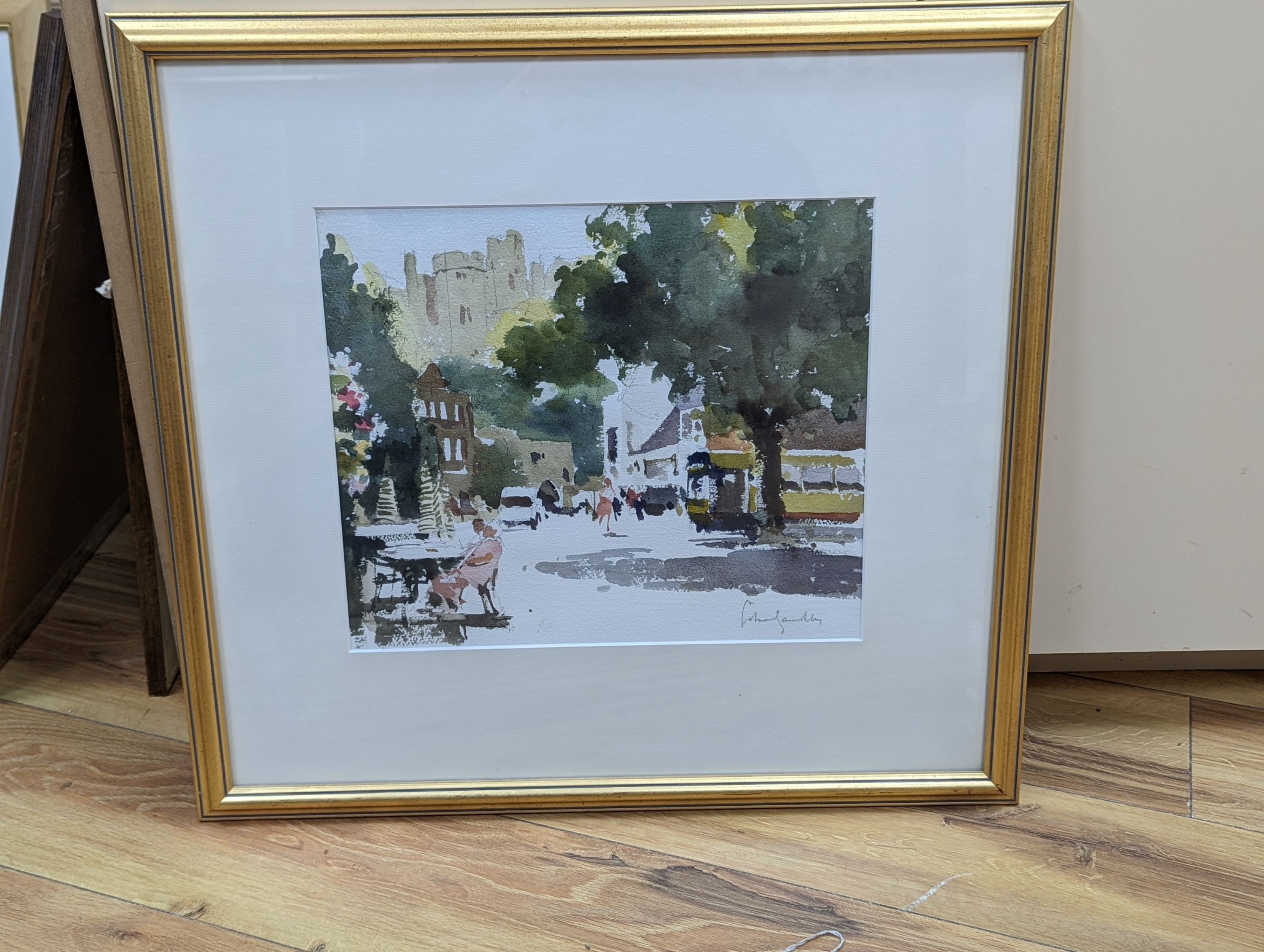 John Yardley (1933-), watercolour, Street scene with castle beyond, 30 x 35cm